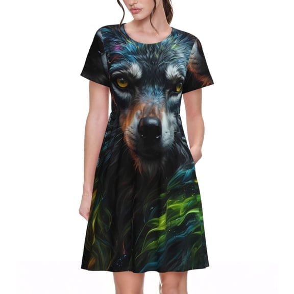 Logiee Realistic Style Green Fur Wolf Print Womens Summer Dress,Casual Short Sleeve Sundresses,Beach A-line Shift Dress with Pockets