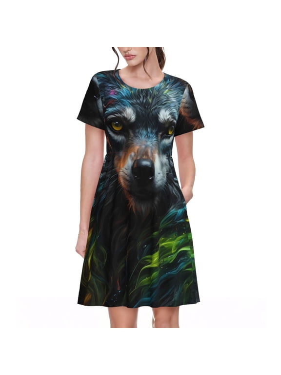 Realistic Style Green Fur Wolf Print Womens Summer Dress,Casual Short Sleeve Sundresses,Beach A-line Shift Dress with Pockets