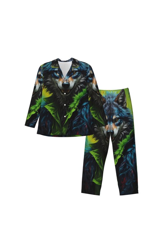 Realistic Style Wolf Warrior Print Mens Long Sleeve Pajama Set,Notched Collar Pajamas for Men, Men's Sleepwear,Mens Sleepwear with Pockets & Button Down-Medium