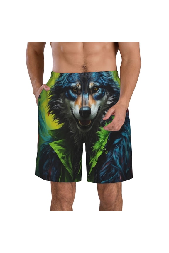 Realistic Style Wolf Warrior Print Mens Swim Trunks Quick Dry Board Shorts,Breathable Hawaii Beach Shorts Swimwear Bathing Suits-Medium