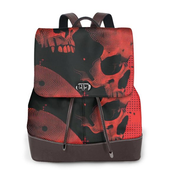 Logiee Red And Black Abstract Skull Print Backpack Purse for Women,Fashion Leather Backpack Purse,Women's Leather Backpack for Work College Travel