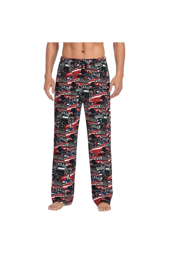 Red And Blue Cars Print Pajama Pants for Men,Men’s Pajama Bottoms,Mens PJ Pants with Pockets & Button Fly-Medium