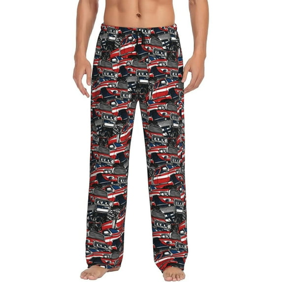 Logiee Red And Blue Cars Print Pajama Pants for Men,Men’s Pajama Bottoms,Mens PJ Pants with Pockets & Button Fly-Small