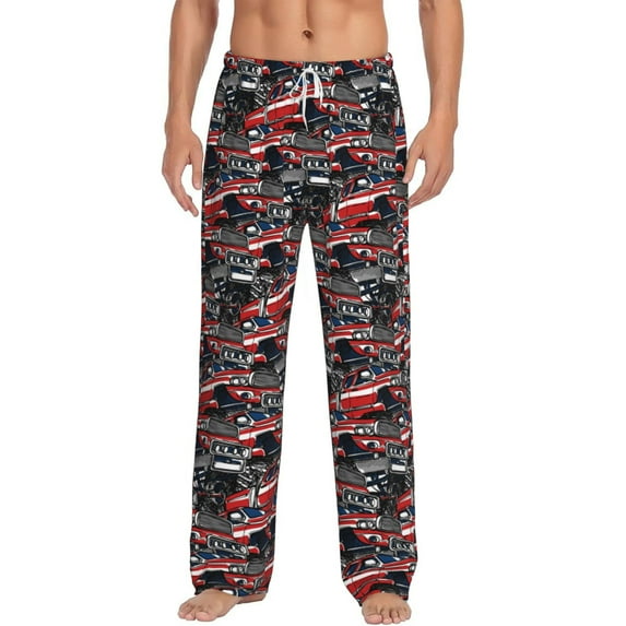 Logiee Red And Blue Cars Print Pajama Pants for Men,Men’s Pajama Bottoms,Mens PJ Pants with Pockets & Button Fly-X-Large