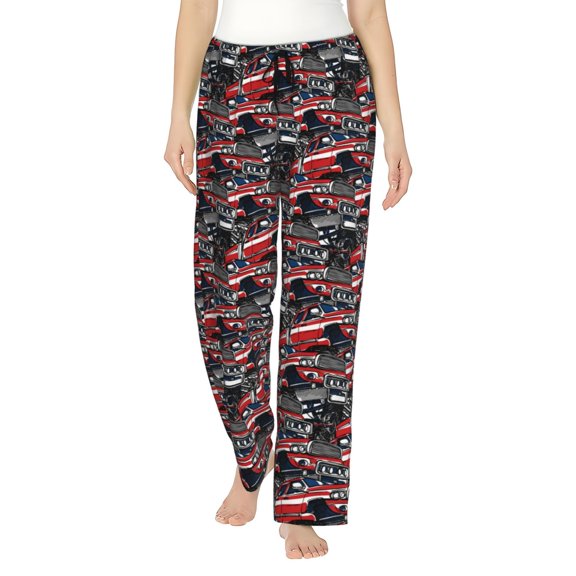 Logiee Red And Blue Cars Print Women Pajama Pants,Comfy Pj Bottom with Pockets & Drawstring,Stretch Casual Sleepwear-Large