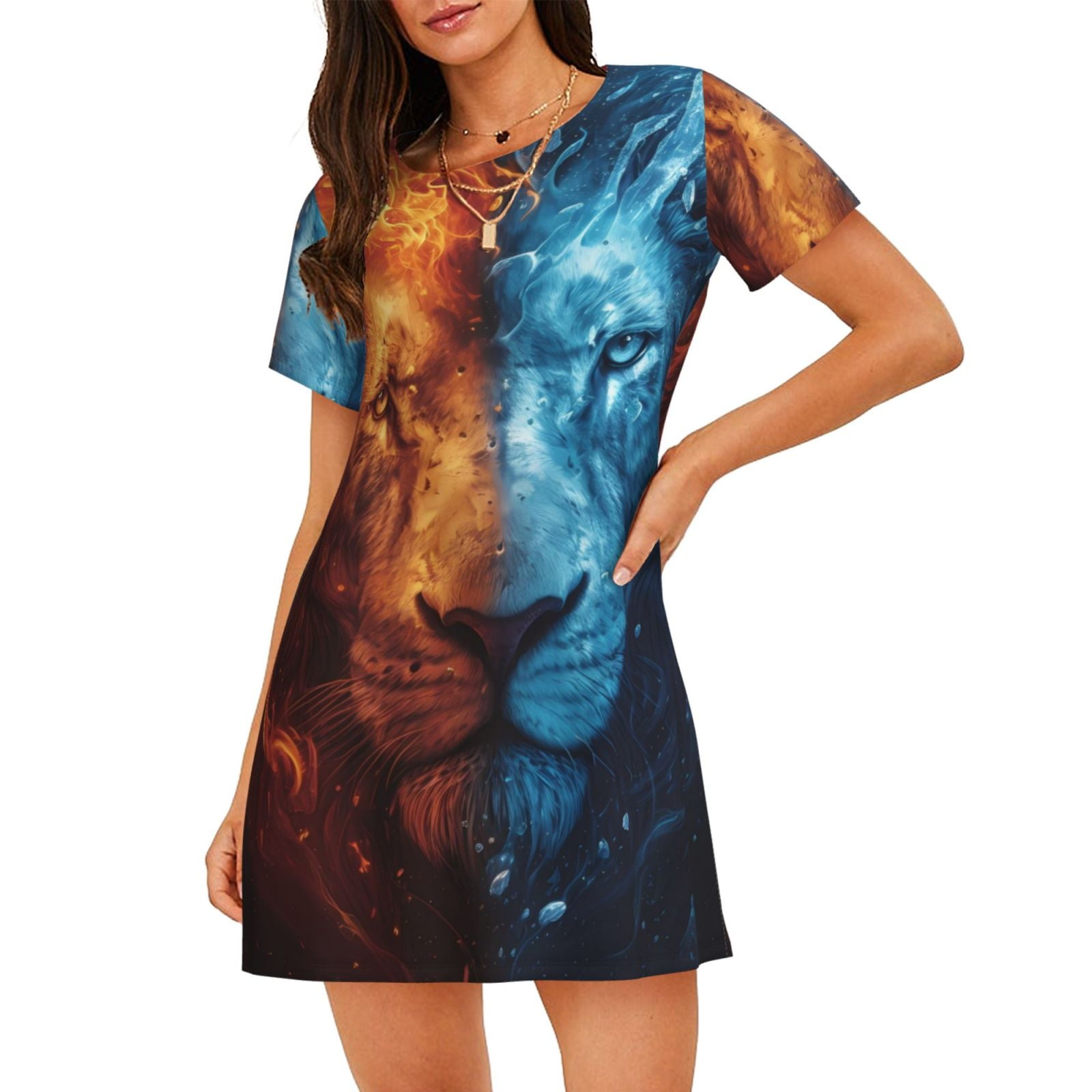 Yellow - Lion Face Printed Nightwear Set For Women