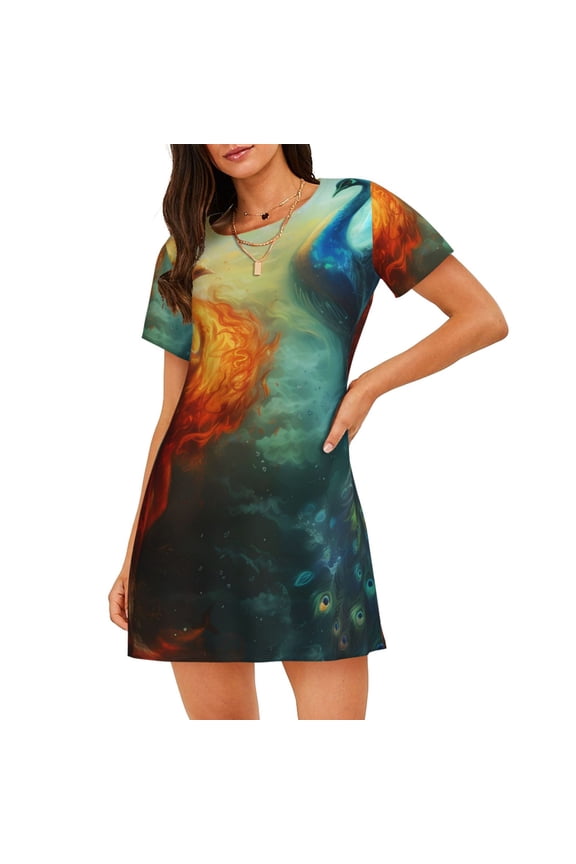 Red And Blue Fire Peacock Print Nightgowns for Women,Soft Short-Sleeved Lightweight Sleepwear, Loose Sleepshirts