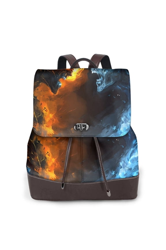 Logiee Red And Blue Fire Skull Warrior Print Backpack Purse for Women,Fashion Leather Backpack Purse,Women's Leather Backpack for Work College Travel