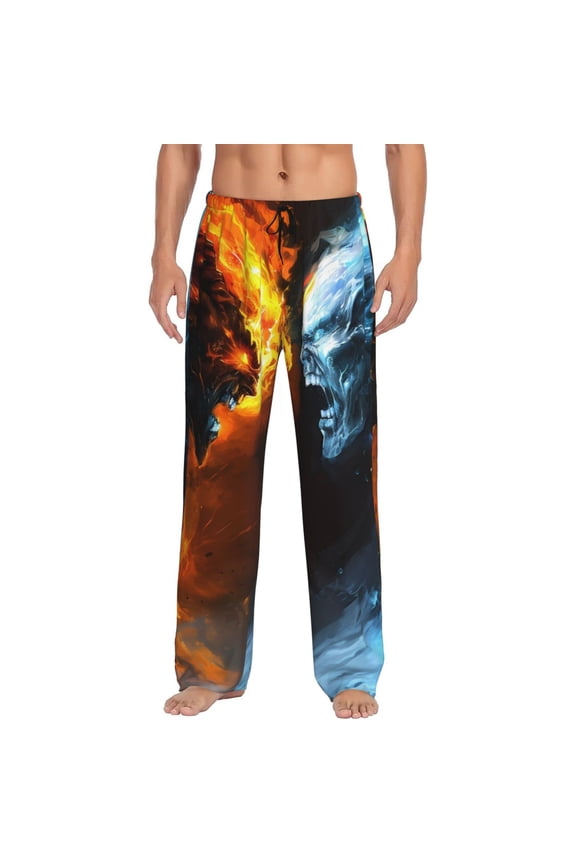 Red And Blue Fire Skull Warrior Print Pajama Pants for Men,Men’s Pajama Bottoms,Mens PJ Pants with Pockets & Button Fly-Medium