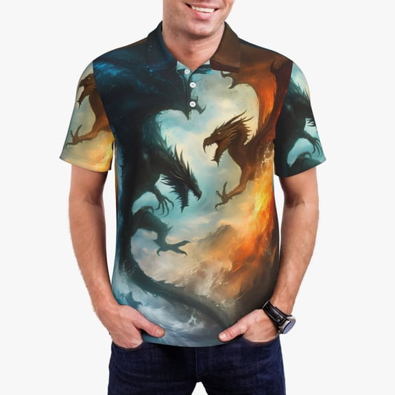 Logiee Red And Blue Flame Wave Dragon Print Mens Polo Shirts,Mens Golf Polo Shirts,Short Sleeve Casual Polo Shirts for Men,Summer Fashion Beach Shirts-Medium