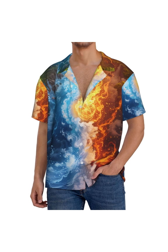Red And Blue Flame Waves Print Men's Button Down Shirts Short Sleeve, Summer Beach Shirts,Vacation Wedding Shirts,Men's Casual Button-Down Shirts with Pocket-Medium
