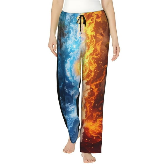 Logiee Red And Blue Flame Waves Print Women Pajama Pants,Comfy Pj Bottom with Pockets & Drawstring,Stretch Casual Sleepwear-Medium