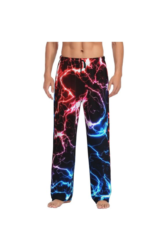 Red And Blue Lightning Print Pajama Pants for Men,Men’s Pajama Bottoms,Mens PJ Pants with Pockets & Button Fly-3X-Large