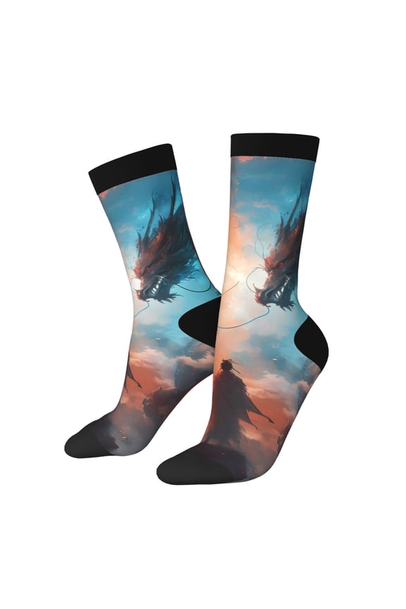 Red And Blue Sky Dragon Print Adult Socks for Men & Women,Calf Socks, Ankle Socks,Boots Socks,Breathable Casual Sock,Unisex Crew Socks
