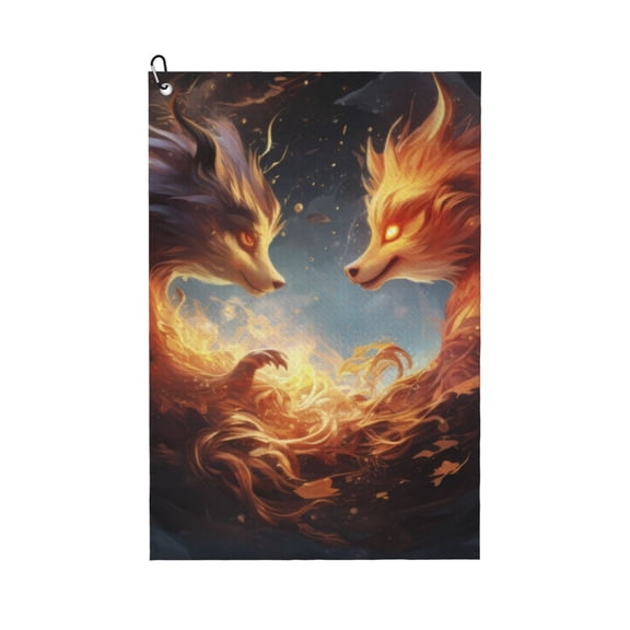 Logiee Red And Gray Flame Fox Print Golf Towels,16" x 24" Portable Golf Towel for Golf Bag with Carabiner Clip to Quickly Remove Sand,Mud and Sweat