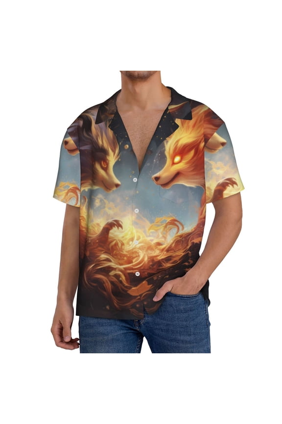 Red And Gray Flame Fox Print Men's Button Down Shirts Short Sleeve, Summer Beach Shirts,Vacation Wedding Shirts,Men's Casual Button-Down Shirts with Pocket-4X-Large