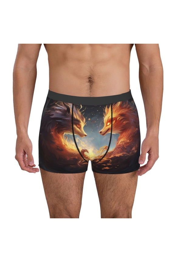 Red And Gray Flame Fox Print Mens Boxer Briefs,Boxer Briefs for Men,Breathable Stretch Underwear,Boys Boxer Briefs-XX-Large
