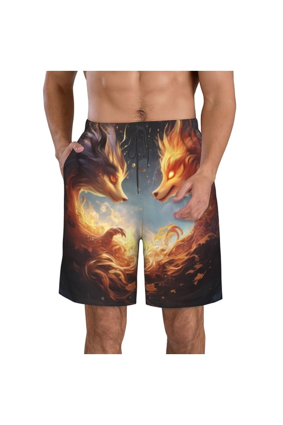 Red And Gray Flame Fox Print Mens Swim Trunks Quick Dry Board Shorts,Breathable Hawaii Beach Shorts Swimwear Bathing Suits-Medium