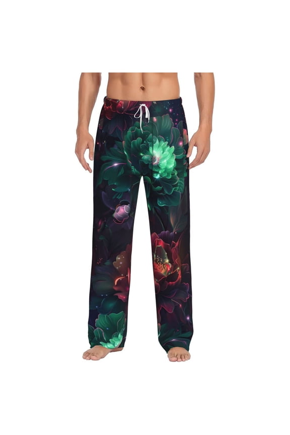 Red And Green Carnation Print Pajama Pants for Men,Men’s Pajama Bottoms,Mens PJ Pants with Pockets & Button Fly-Medium