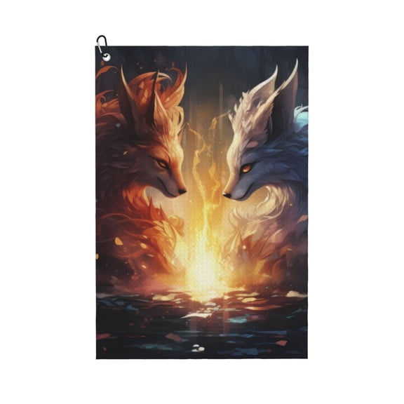 Logiee Red And White Flame Fox Print Golf Towels,16" x 24" Portable Golf Towel for Golf Bag with Carabiner Clip to Quickly Remove Sand,Mud and Sweat