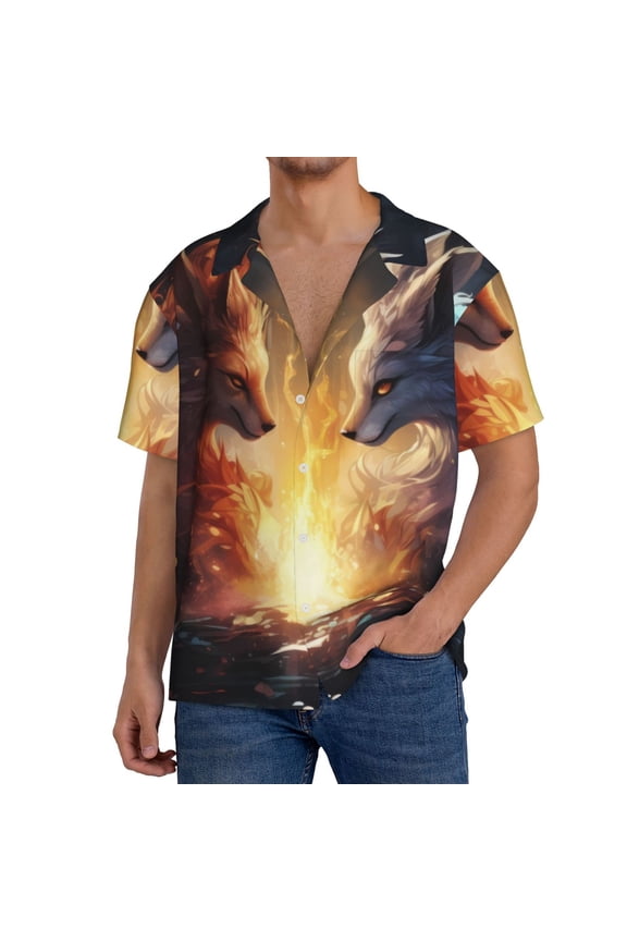 Red And White Flame Fox Print Men's Button Down Shirts Short Sleeve, Summer Beach Shirts,Vacation Wedding Shirts,Men's Casual Button-Down Shirts with Pocket-Large