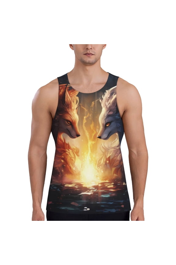 Red And White Flame Fox Print Men's Workout Tank Top,Quick Dry Workout Tank Top,Gym Muscle Tee,Fitness Bodybuilding Sleeveless T Shirt-Medium