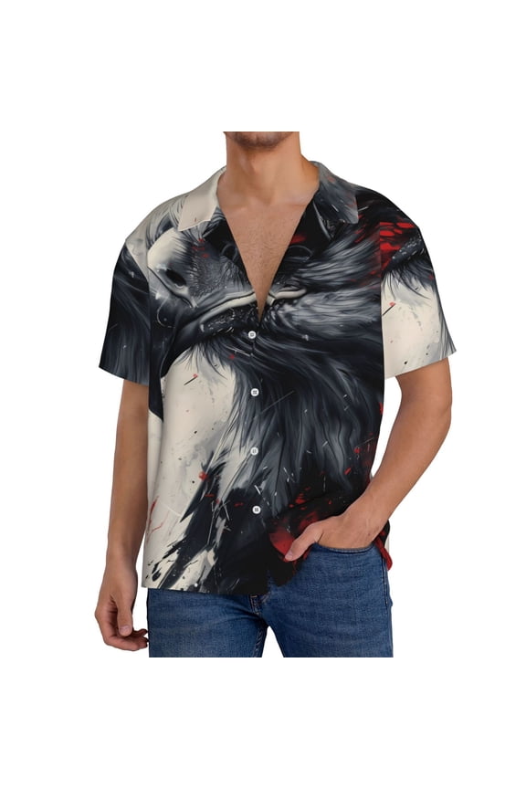 Red Black Ink Style Bald Eagle Print Men's Button Down Shirts Short Sleeve, Summer Beach Shirts,Vacation Wedding Shirts,Men's Casual Button-Down Shirts with Pocket-Medium