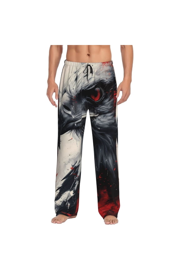 Red Black Ink Style Bald Eagle Print Pajama Pants for Men,Men’s Pajama Bottoms,Mens PJ Pants with Pockets & Button Fly-Large