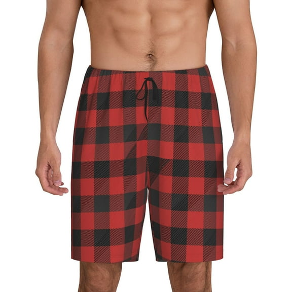 Logiee Red Black Plaid Print Men's Pajama Shorts with Drawstring & Pockets,Sleep Shorts for Men,Sleepwear Bottoms,Elastic Waistband Loungewear-Small