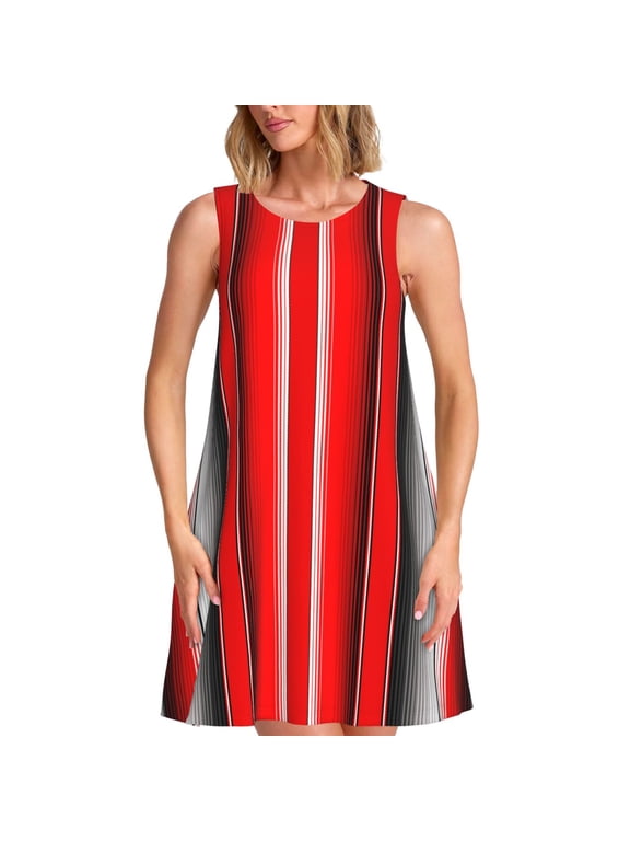 Red Black and White Serape Blanket Stripes Print Summer Dresses for Women,Beach Sleeveless Flowy Pocket Tshirt Tank Sundresses,Women's Sleeveless Dress