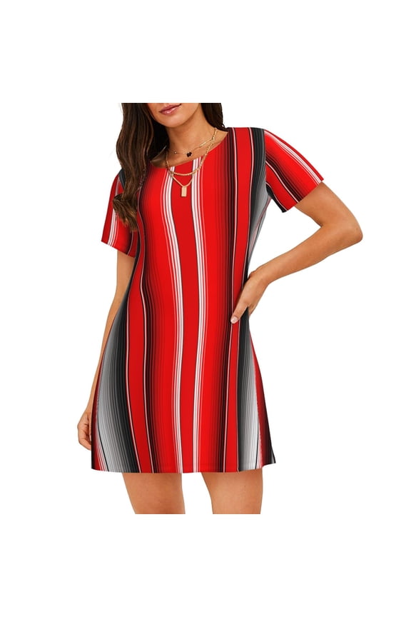 Red Black and White Serape Blanket Stripes Print Nightgowns for Women,Soft Short-Sleeved Lightweight Sleepwear, Loose Sleepshirts