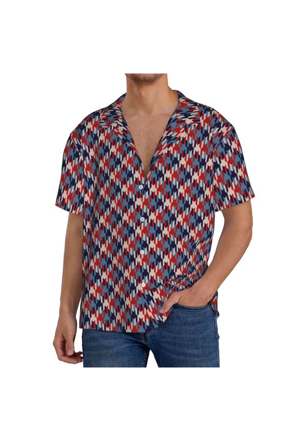 Red Blue Checked Print Men's Button Down Shirts Short Sleeve, Summer Beach Shirts,Vacation Wedding Shirts,Men's Casual Button-Down Shirts with Pocket-XX-Large
