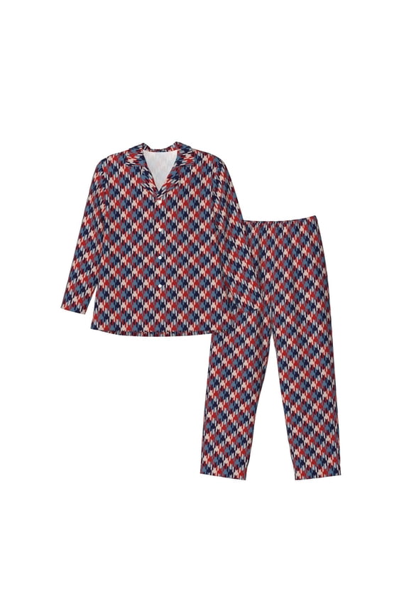 Red Blue Checked Print Mens Long Sleeve Pajama Set,Notched Collar Pajamas for Men, Men's Sleepwear,Mens Sleepwear with Pockets & Button Down-Medium
