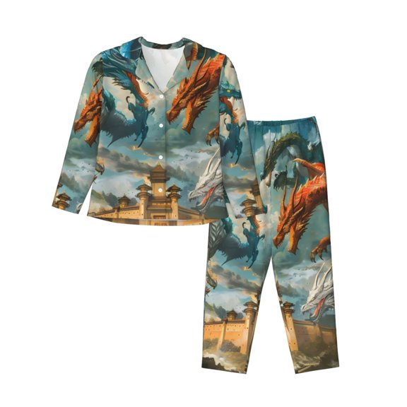 Logiee Red Blue Dragon Battle Epic Print Womens Pajamas Set,Long Sleeve Sleepwear,Button Down Lounge Set 2 Pieces,Soft Nightwear Pjs Set-Medium