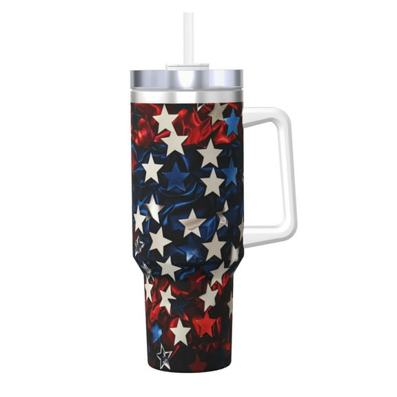 Logiee Red Blue White Stars Print 40OZ Ice Bully Cup with Handle and Straw, Double Wall Stainless Steel Tumbler,Travel Coffee Cup with Lid, Summer Insulation and Cooling Cup