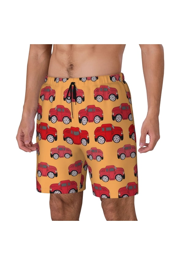 Red Cars Print Men's Swim Trunk,Quick Dry Board Shorts ,Men's Swim Trunks with Compression Liner, Bathing Suits with Pockets-Medium