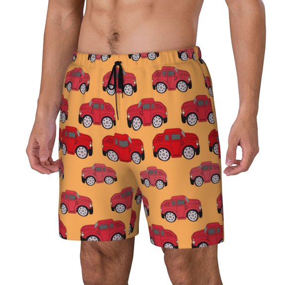Logiee Red Cars Print Men's Swim Trunk,Quick Dry Board Shorts ,Men's Swim Trunks with Compression Liner, Bathing Suits with Pockets-Small