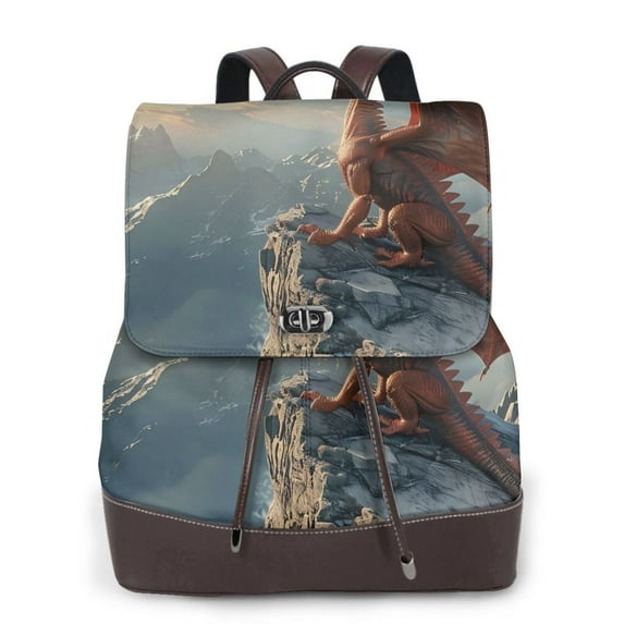 Gaeub Red Dragon Mountain Sunrise Print Women's Leather Backpack,Travel Laptop Backpack,Fashion Ladies Leather Backpack Bag for Travel,Leather Drawstring Daypack for Me