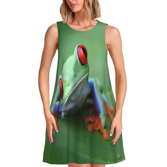 Logiee Red-Eyed Tree Frog-1 Print Summer Dresses for Women,Beach Sleeveless Flowy Pocket Tshirt Tank Sundresses,Women's Sleeveless Dress