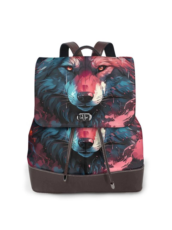 Logiee Red Flame Wolf Head Print Backpack Purse for Women,Fashion Leather Backpack Purse,Women's Leather Backpack for Work College Travel