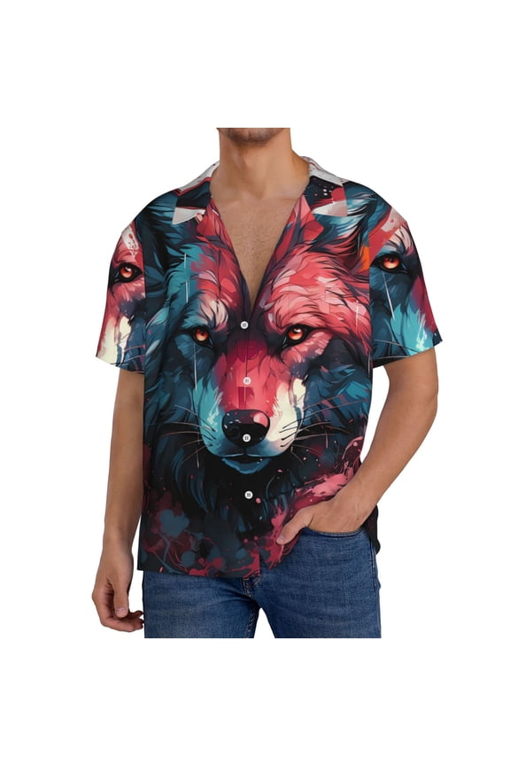 Red Flame Wolf Head Print Men's Button Down Shirts Short Sleeve, Summer Beach Shirts,Vacation Wedding Shirts,Men's Casual Button-Down Shirts with Pocket-Medium