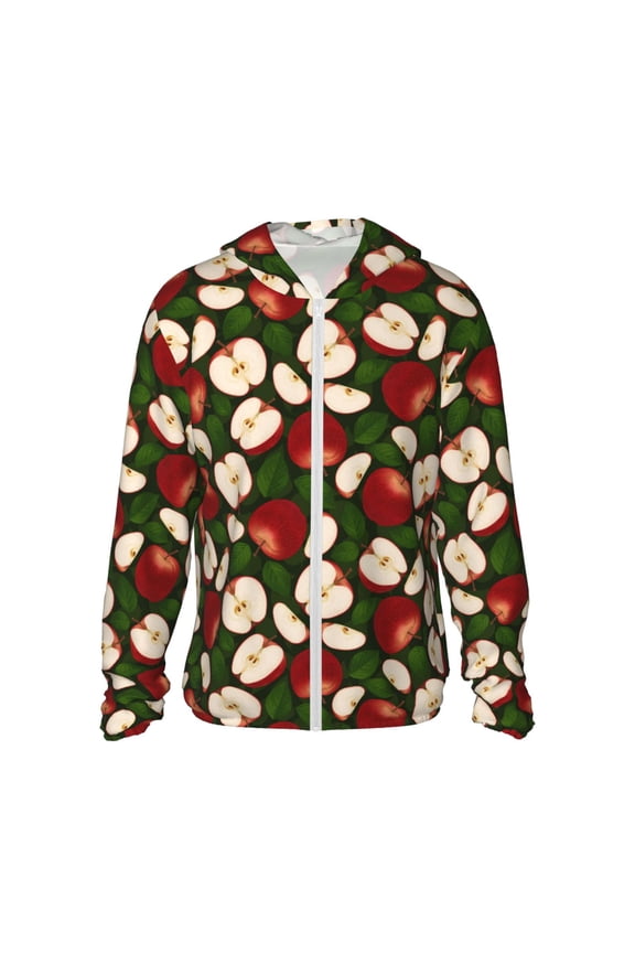 Red Fruit Print Men's Women Light Jacket Full Zip Sun Protection Hoodie Long Sleeve Sun Shirts for Men Hiking Fishing Zip Pockets-Large