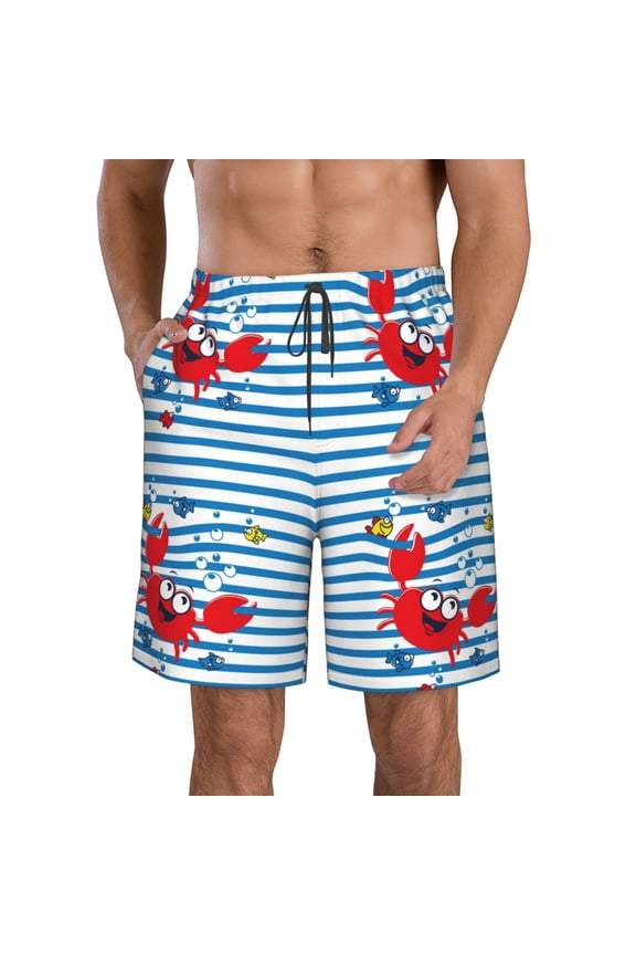 Red Funny Crab on Blue Stripe Print Mens Swim Trunks Quick Dry Board Shorts,Breathable Hawaii Beach Shorts Swimwear Bathing Suits-Large