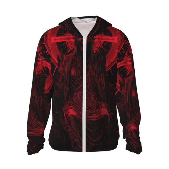 Logiee Red Gothic Skeleton Throne Print Men's Women Light Jacket Full Zip Sun Protection Hoodie Long Sleeve Sun Shirts for Men Hiking Fishing Zip Pockets-X-Large