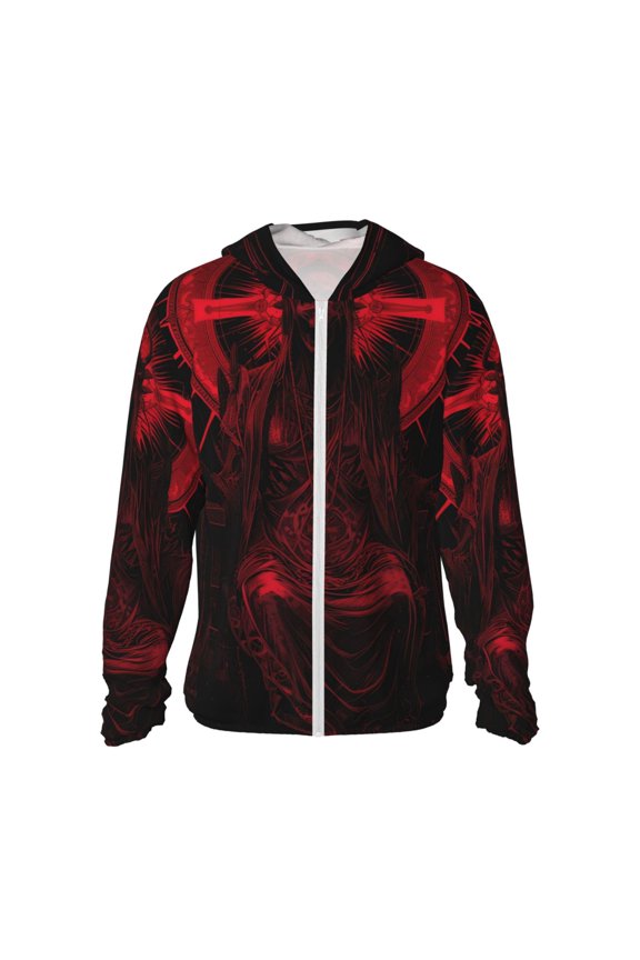 Red Gothic Skeleton Throne Print Men's Women Light Jacket Full Zip Sun Protection Hoodie Long Sleeve Sun Shirts for Men Hiking Fishing Zip Pockets-X-Large