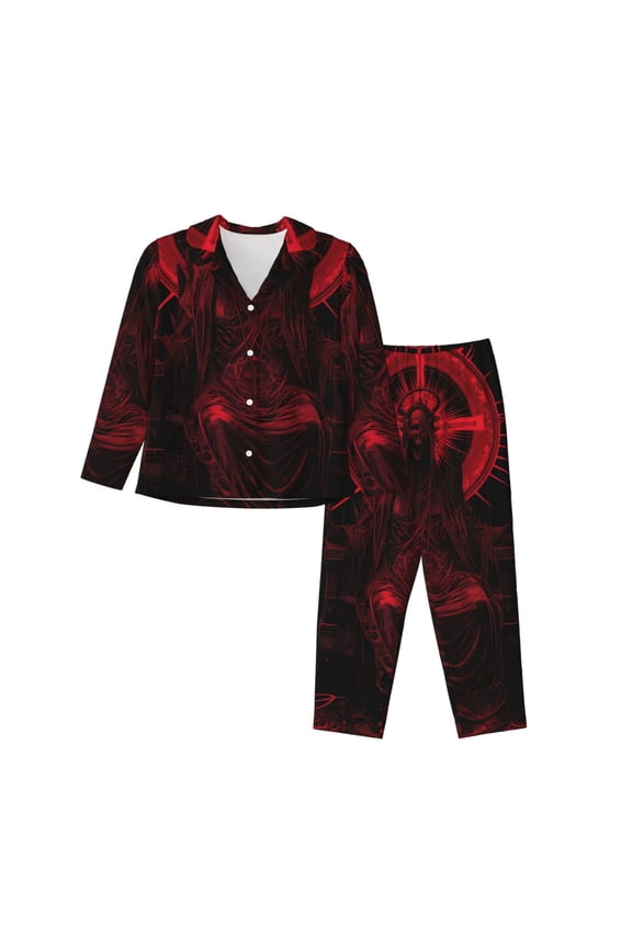 Red Gothic Skeleton Throne Print Womens Pajamas Set,Long Sleeve Sleepwear,Button Down Lounge Set 2 Pieces,Soft Nightwear Pjs Set-X-Large