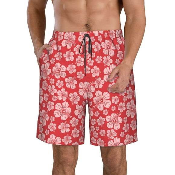 Logiee Red Hibiscus Flower Print Mens Swim Trunks Quick Dry Board Shorts,Breathable Hawaii Beach Shorts Swimwear Bathing Suits-Large