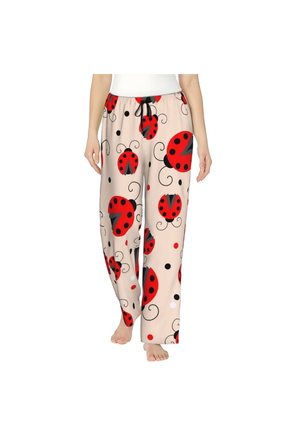 Red Ladybug Print Women Pajama Pants,Comfy Pj Bottom with Pockets & Drawstring,Stretch Casual Sleepwear-Large
