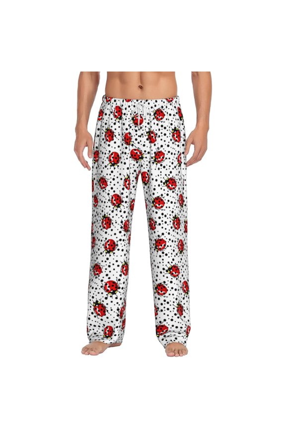 Red Ladybugs On Black Dotted Print Pajama Pants for Men,Men’s Pajama Bottoms,Mens PJ Pants with Pockets & Button Fly-3X-Large
