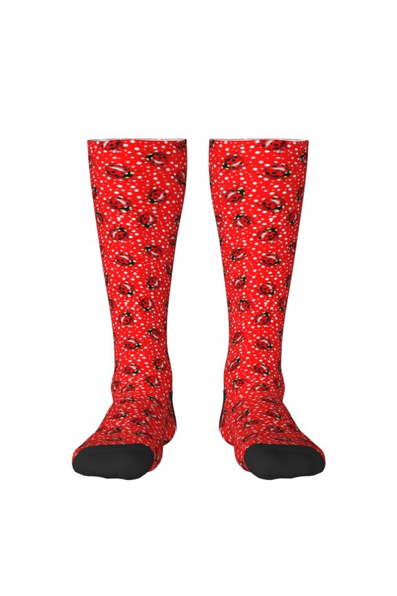 Red Ladybugs On White Dotted Print Gift Stocking Stuffers,Adult Stockings,Novelty Socks,Funny Socks Birthday Running Walking Sleeping